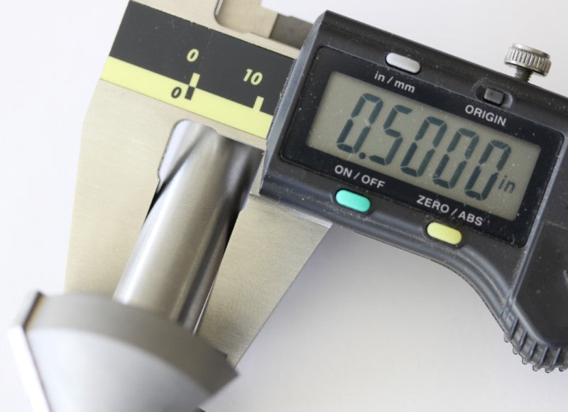 Onsrud 1-1/2 cut diameter V-carving end mill shown with a caliper. The measurement reads .5 inches.
