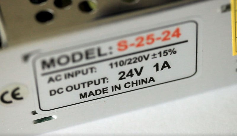 Image of the label stating the specifications of the 24v 1a power supply