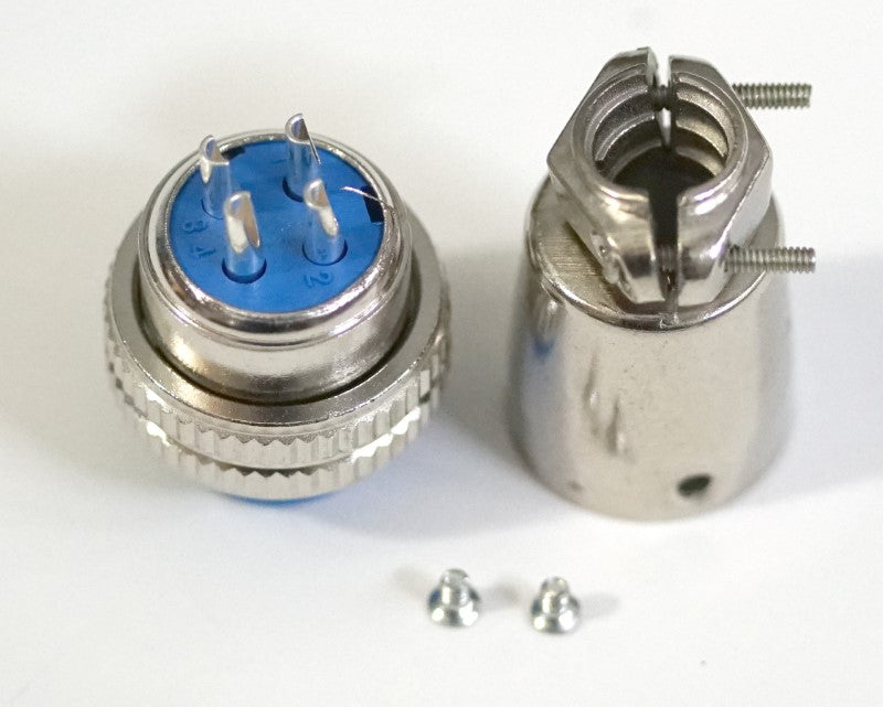 12mm 4 pin Non Threaded female connector disassembled with all of the components layed out. The pin numbering is shown