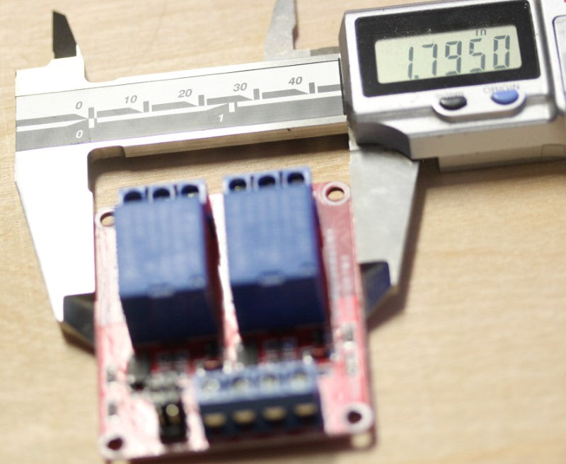 Short dimension of the 24VDC dual relay module at 2 inches