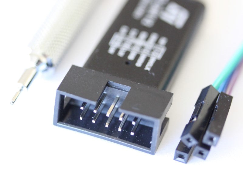 ST Link v2 for STM32 and STM8 microcontrollers view of the pins and the ends of the wire hookups