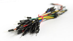 A bundle of 65 jumper wires of various length and color. Bound together with the male connectors shown in the foreground. 