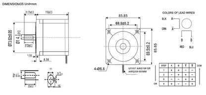 Dimensions and wiring diagram for the NEMA 34 8.5nm stepper motor