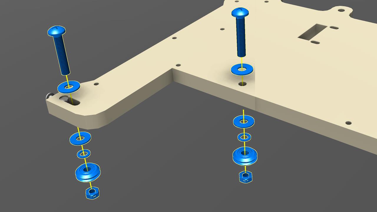 Attach v-groove bearing assemblies to gantry bottom