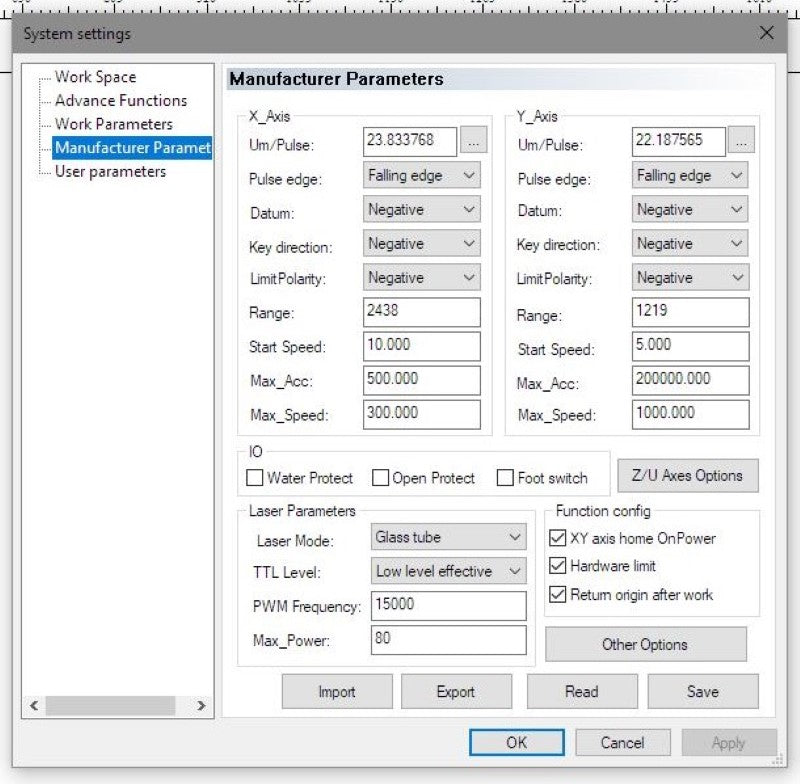 LaserCAD Manufacturer Parameters for the vertical laser XL